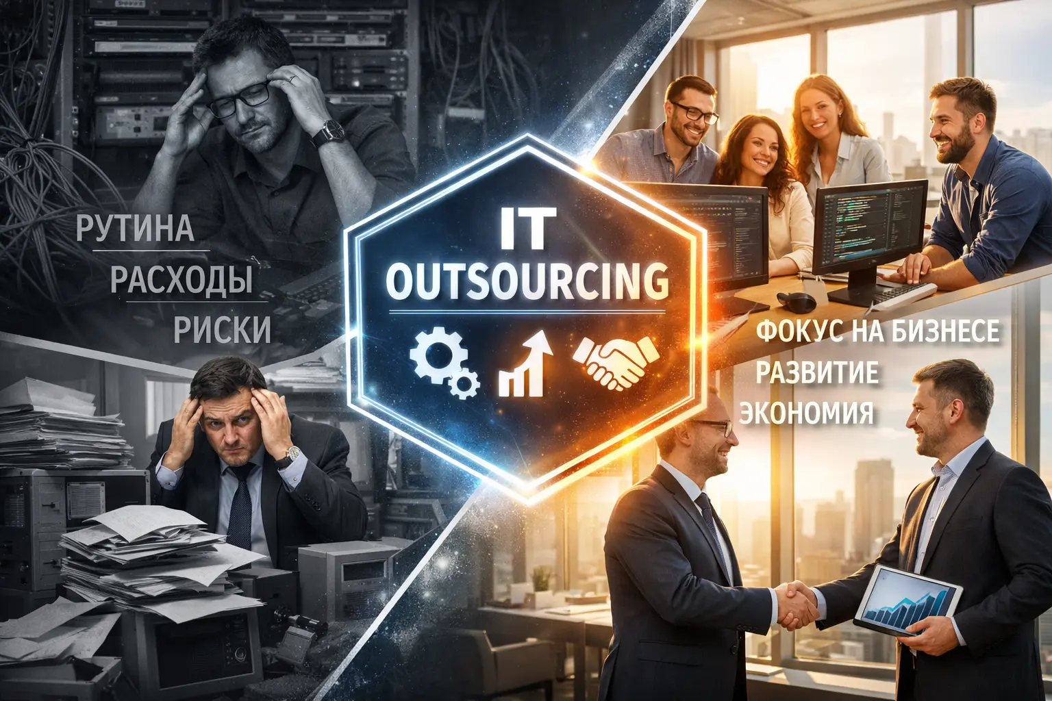 Визуализация преимуществ ИТ-аутсорсинга: сравнение проблем (рутина, расходы, риски) с решениями (фокус на бизнесе, развитие, экономия) на примере коллажа от ФАКТОР ЛТД.