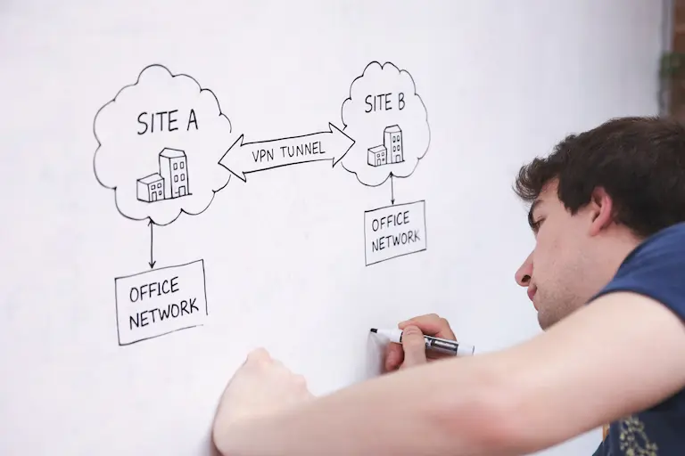 Инженер ФАКТОР ЛТД проектирует схему объединения офисных сетей через VPN-туннель