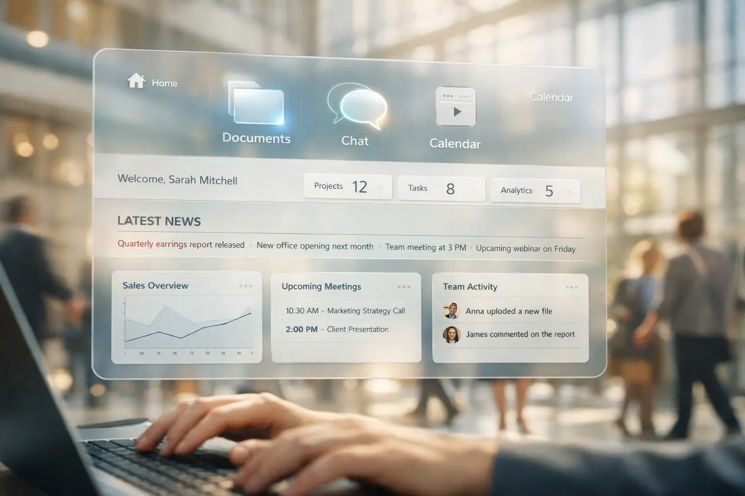 Первый план рук сотрудника за ноутбуком, над которым парит прозрачный, футуристичный голографический интерфейс корпоративного портала с иконками документов, чата, календаря и новостями.